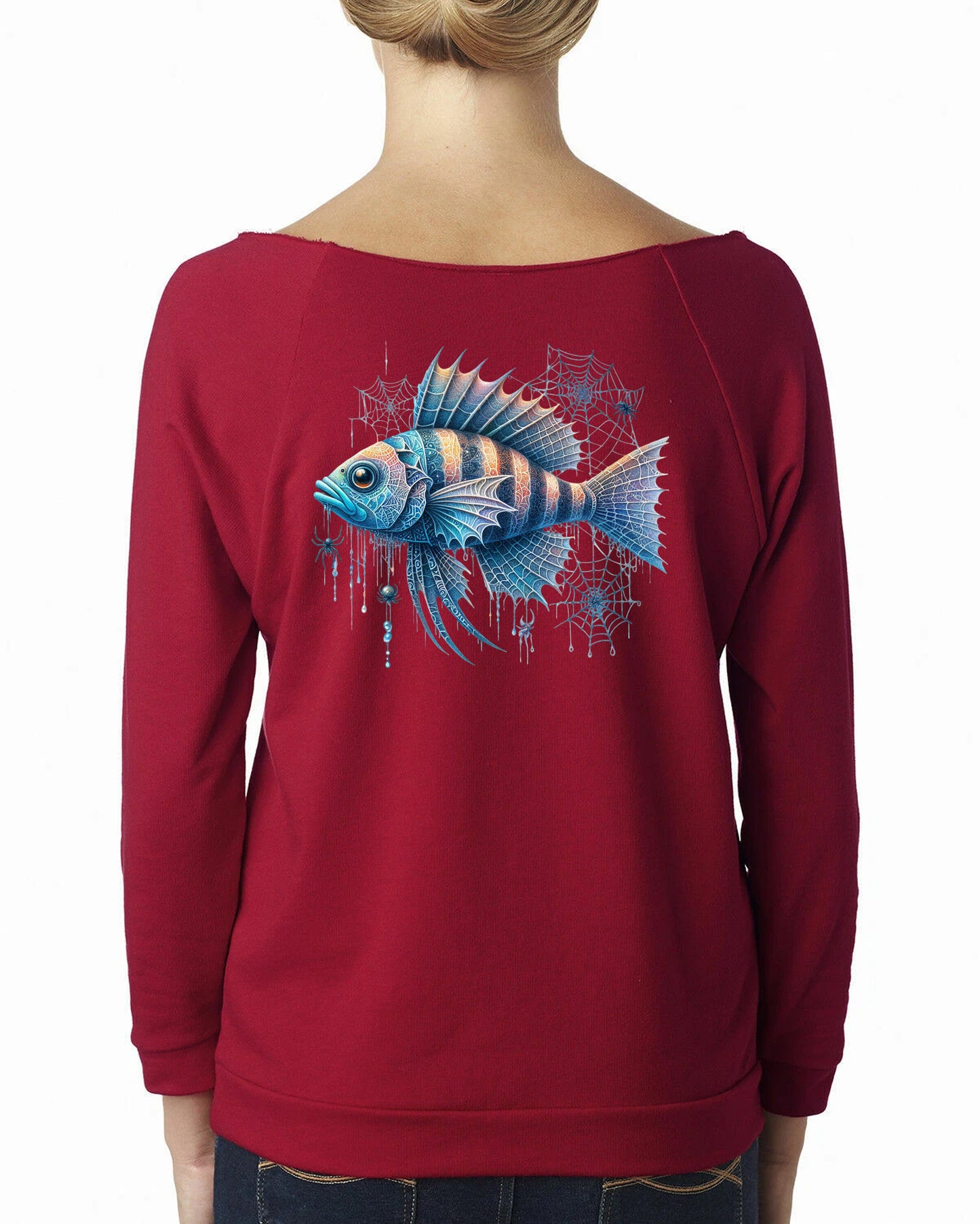 Women's Premium French Terry Raw Edge 3/4 Sleeve Raglan T-Shirt Fish Web