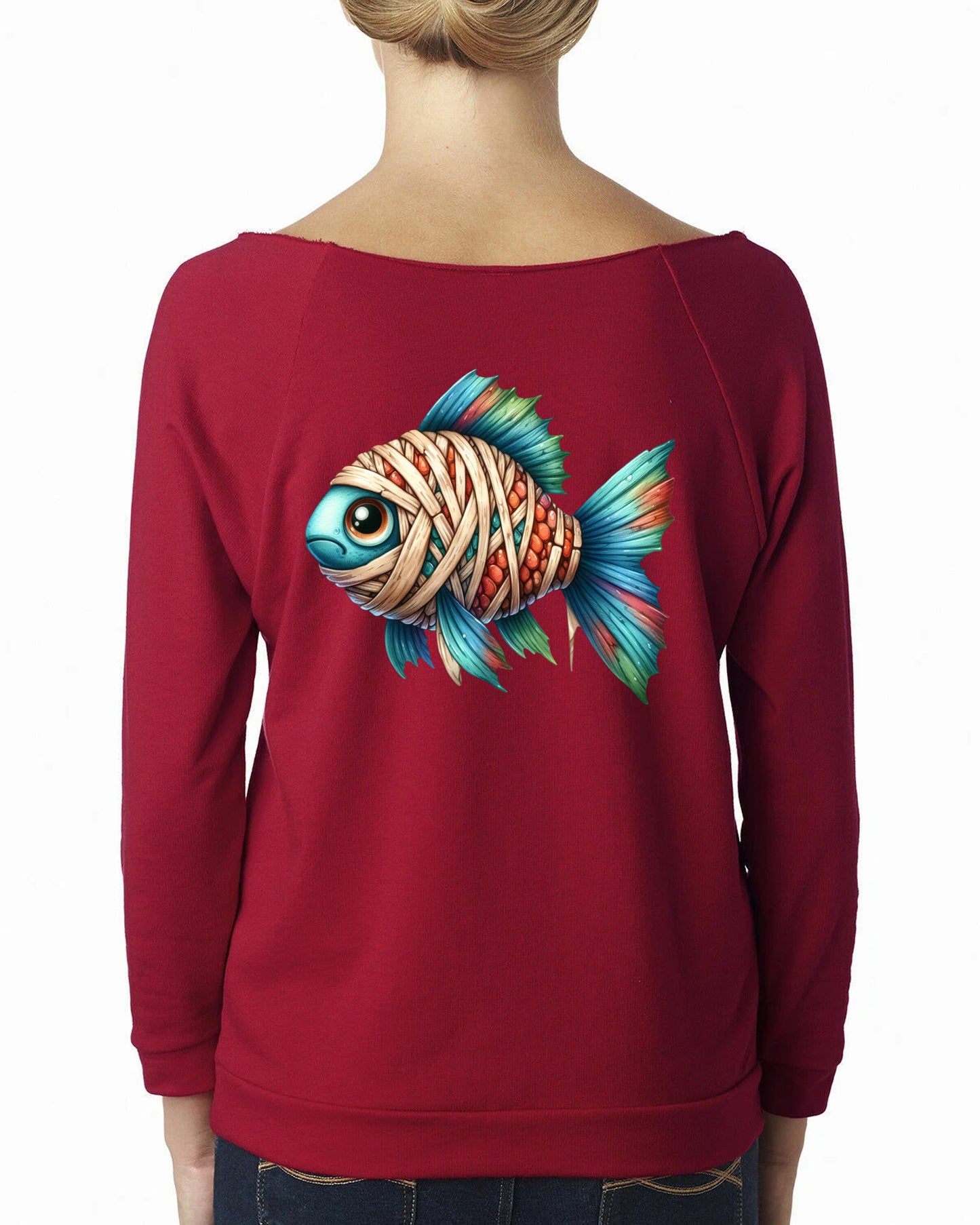 Women's Premium French Terry Raw Edge 3/4 Sleeve Raglan T-Shirt Fish Mummy
