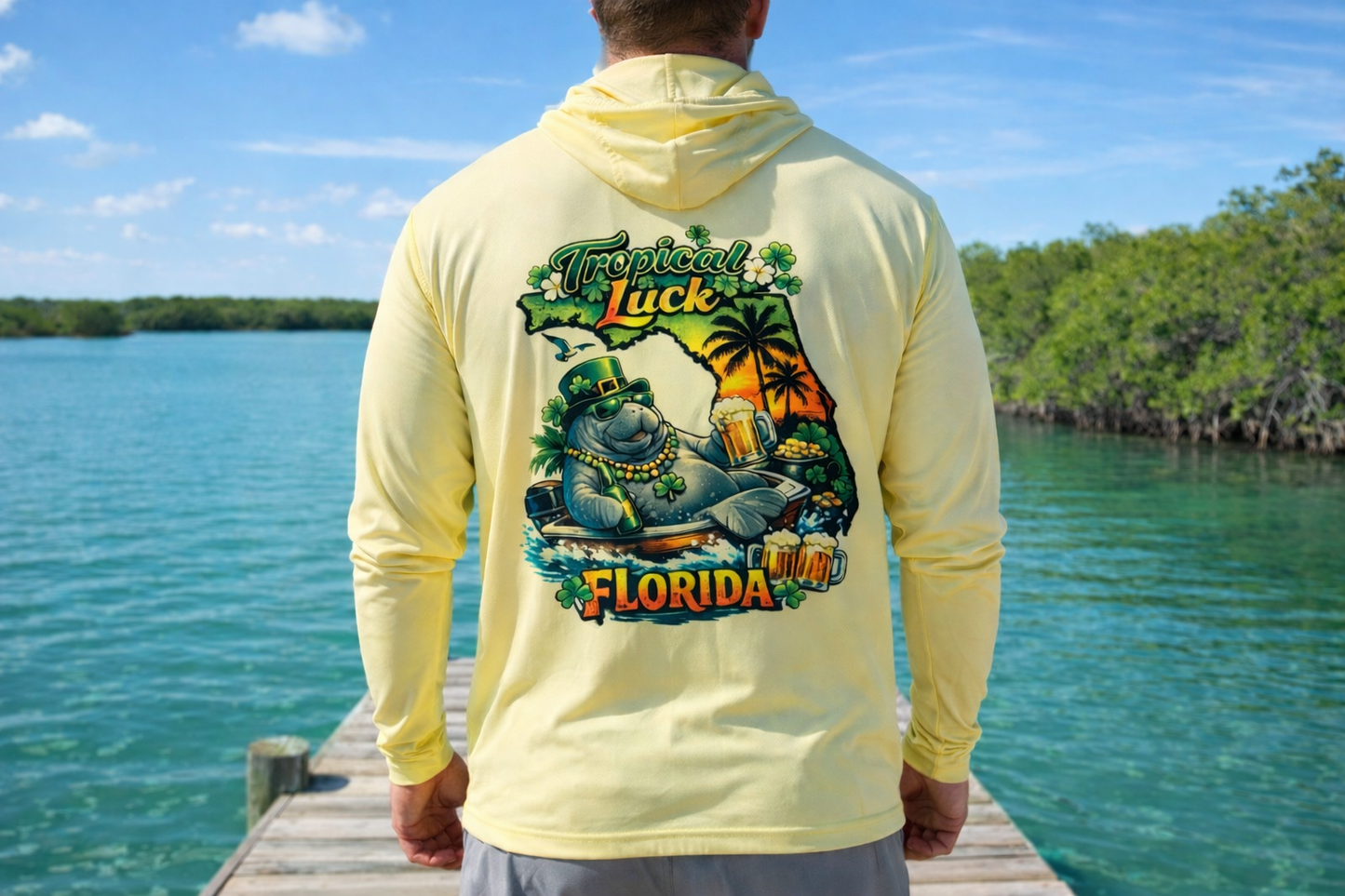 St Patricks Day Long Sleeve Hooded Shirt- Tropical Luck