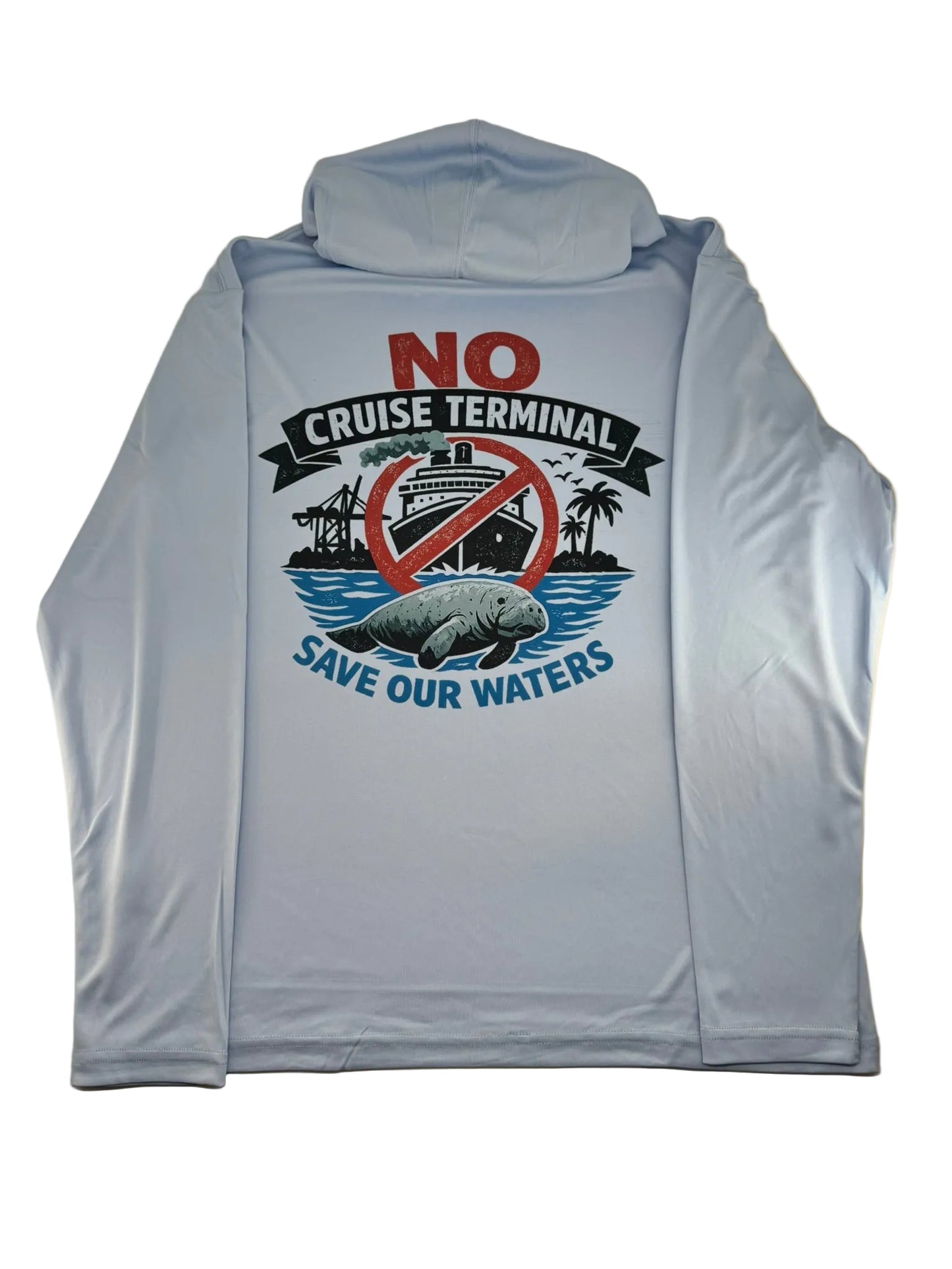 Light blue shirt with a graphic design on a white surface