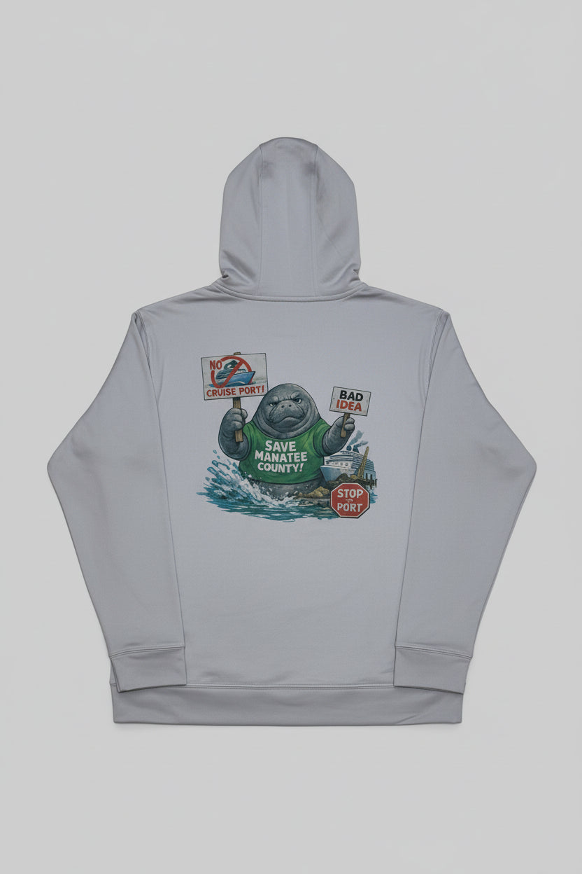 Gray hoodie with graphic design of manatee protesting against the construction in Manatee County FL