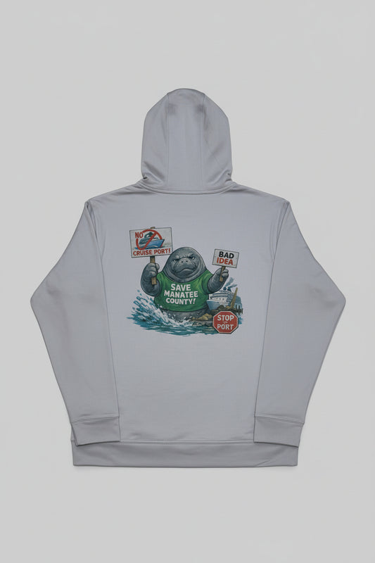 Gray hoodie with graphic design of manatee protesting against the construction in Manatee County FL
