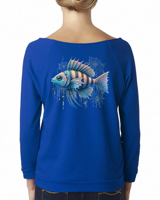 Women's Premium French Terry Raw Edge 3/4 Sleeve Raglan T-Shirt Fish Web