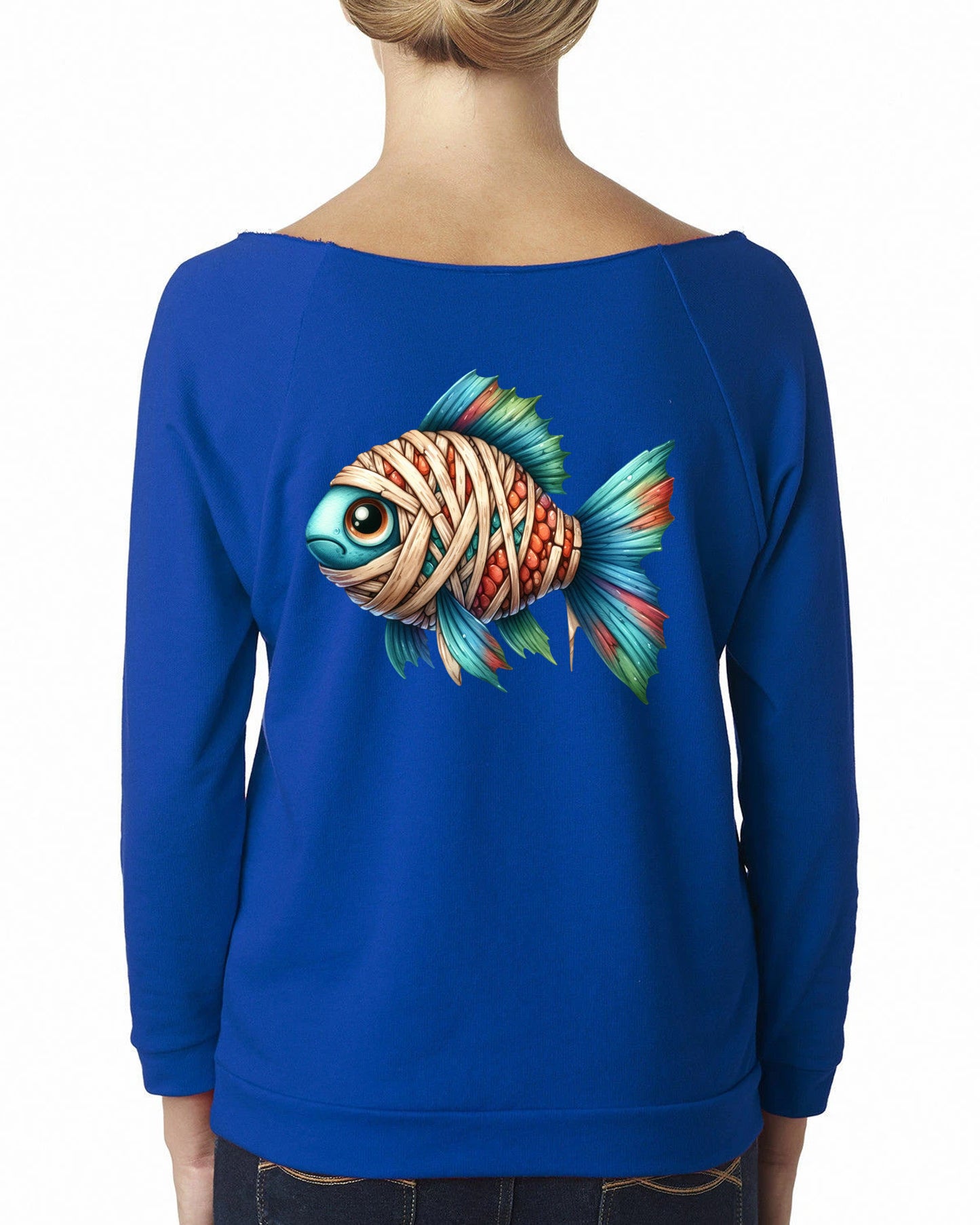 Women's Premium French Terry Raw Edge 3/4 Sleeve Raglan T-Shirt Fish Mummy